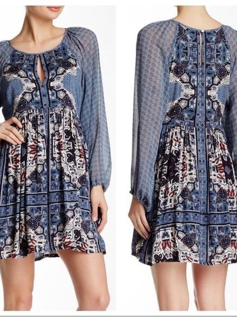 Free People Oksana Marine Blue Sheer Sleeve Mini Dress size 2